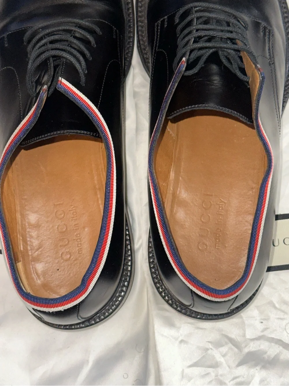 GUCCI Black Leather Navy Signature Web Lace-up Dress Shoes Size 10